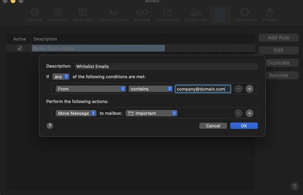 Email filter options in Apple Mail