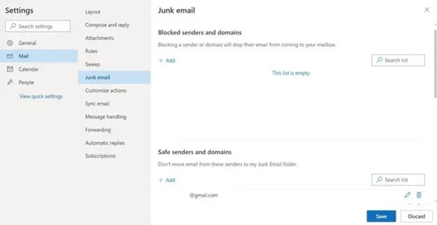 Safe Sender menu in Office365
