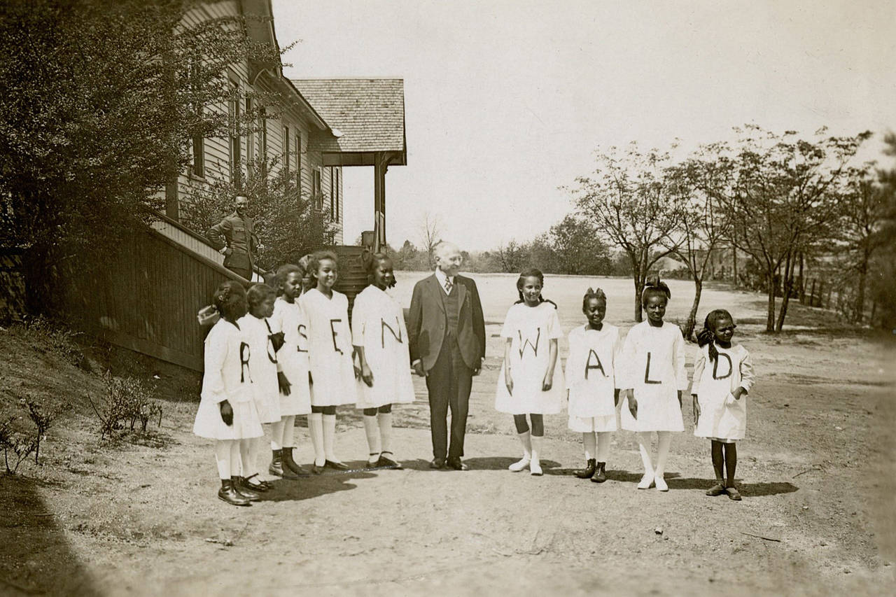 Julius Rosenwald with students from a Rosenwald school. Fisk University, John Hope and Aurelia E. Franklin Library