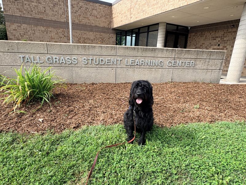 Velma the therapy dog outside Tallgrass Student Learning Center