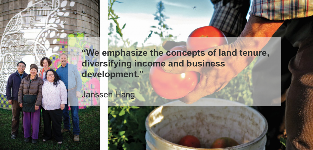 A group of people standing together, with the following quote from Janssen Hang: “We emphasize the concepts of land tenure, diversifying income and business development.” 