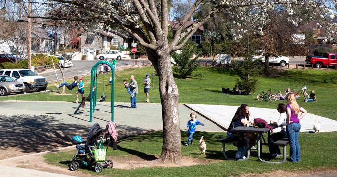 Child chasing a chicken in a park in Sacramento, California. A group of moms talk at a picnic table. 