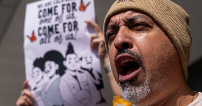 Community organizers protest outside the Federal Building following an immigration enforcement operation by federal authorities on Friday, June 6, 2025, in Los Angeles. Credit: Ringo Chiu/Shutterstock